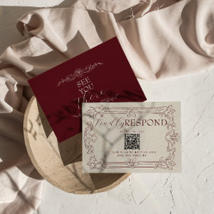 Fancy Burgunder Floral Old Money QR-Code Hochzeit RSVP Karte