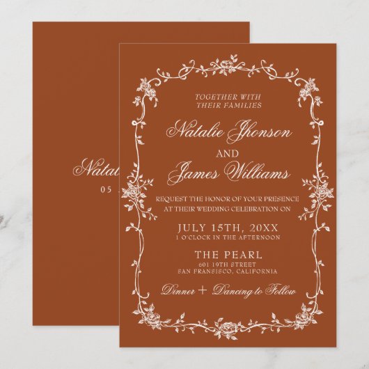 Fancy Burnt Orange Floral Boho Terracotta Wedding Einladung (Vorne/Hinten)