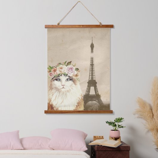 Fancy Cat & Eiffel Tower Wandteppich Mit Holzrahmen (Schlafzimmer)
