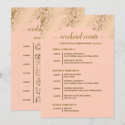 Fancy Coral Pfirsich- und Gold-Hochzeitsveranstalt Programm (Vorne/Hinten)