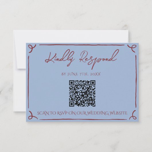Fancy Deep Red Blue Frame Whimsy Wedding QR Code RSVP Karte (Vorderseite)