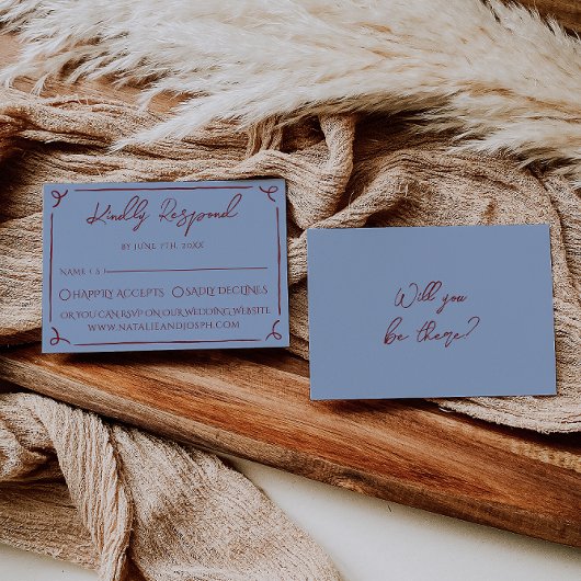 Fancy Deep Red Blue Frame Whimsy Wedding RSVP Karte