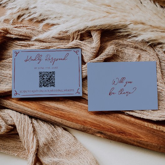 Fancy Deep Red Blue Rahmen Whimsy Hochzeits-QR-Cod RSVP Karte