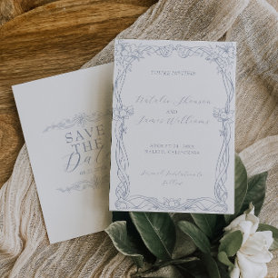 Fancy Dusty Blue Retro Botanical Old Money Hochzei Save The Date
