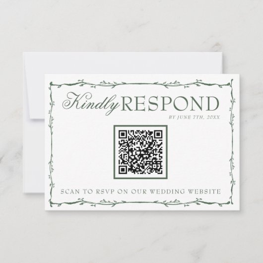 Fancy Emerald Green Branches Boho QR Code Wedding RSVP Karte (Vorderseite)