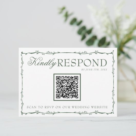 Fancy Emerald Green Branches Boho QR Code Wedding RSVP Karte (Stehend Vorderseite)