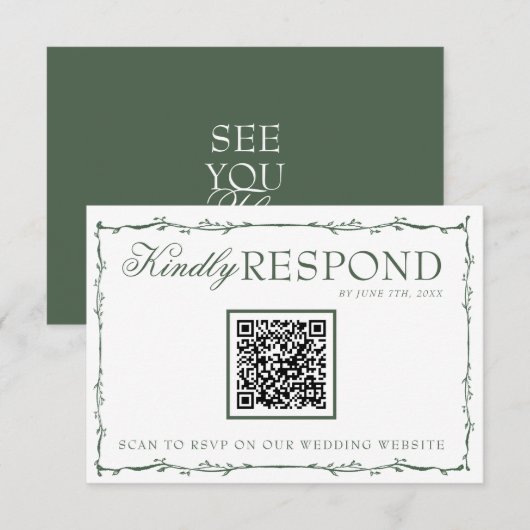 Fancy Emerald Green Branches Boho QR Code Wedding RSVP Karte (Vorne/Hinten)