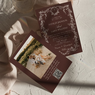 Fancy Florale Schokoladenbraune Foto-QR-Code-Hochz Einladung
