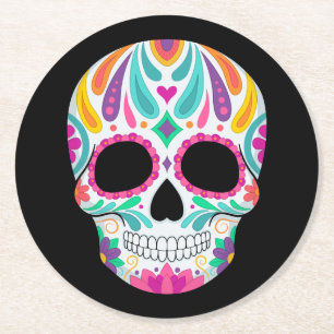 Fancy Flowered Zucker-Schädel Runder Pappuntersetzer