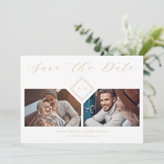 Fancy Golden Initials Chic Ornament Sophisticated Save The Date (Stehend Vorderseite)