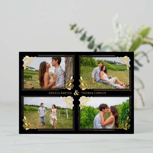 Fancy Golden Minimalist Branches Frame 4 Photos Folieneinladung (Stehend vorne)