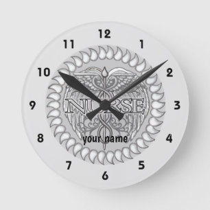 Fancy grauer Caduceus-Krankenschwester Runde Wanduhr