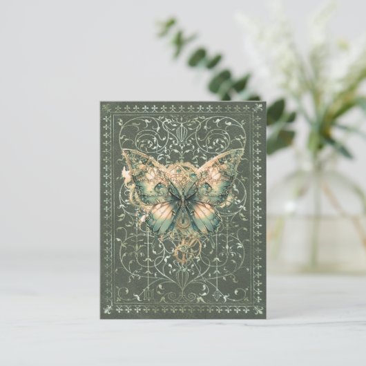 Fancy Green Steampunk Schmetterling Postkarte (Stehend Vorderseite)