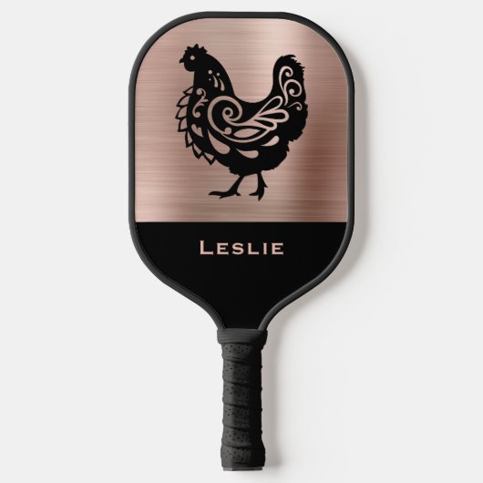 Fancy Hühner-Silhouette in Faux-Kupfer und Schwarz Pickleball Schläger (Vorderseite)