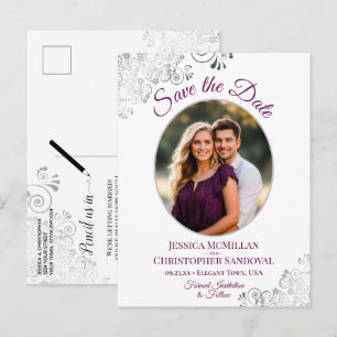 Fancy Magenta und Weiß Hochzeit Termin Foto Ankündigungspostkarte