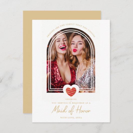 Fancy Maid of Honor Red Heart Photo Proposal Postkarte (Vorne/Hinten)