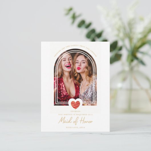 Fancy Maid of Honor Red Heart Photo Proposal Postkarte (Stehend Vorderseite)