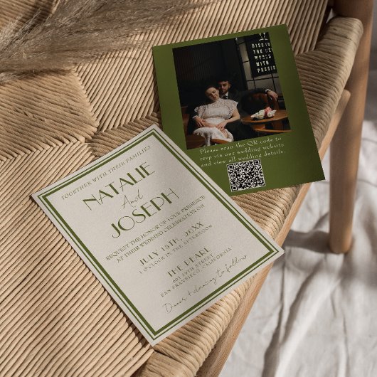 Fancy Old Money Olivgrün QR-Code Foto Hochzeit Einladung
