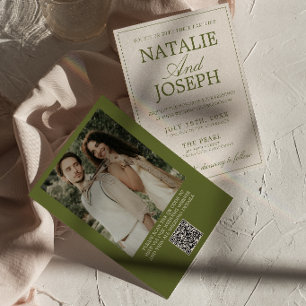 Fancy Olivgrün Old Money Foto QR Code Hochzeit Einladung