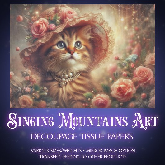 Fancy Pink Floral Shabby Chic Cat Decoupage Seidenpapier