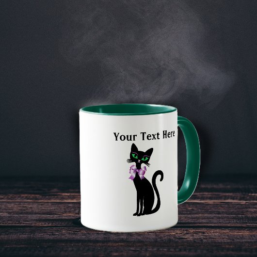 Fancy Pretty Black Cat Pink Bow Green Eyes Tasse