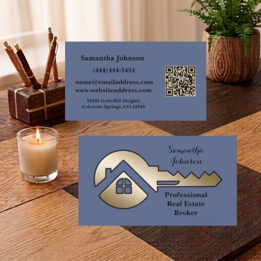 Fancy Schieferblau mit Gold-Schlüssel-QR-Code Immo Visitenkarte