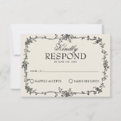 Fancy Schwarze Creme Blumen Boho Hochzeit RSVP Karte (Vorderseite)