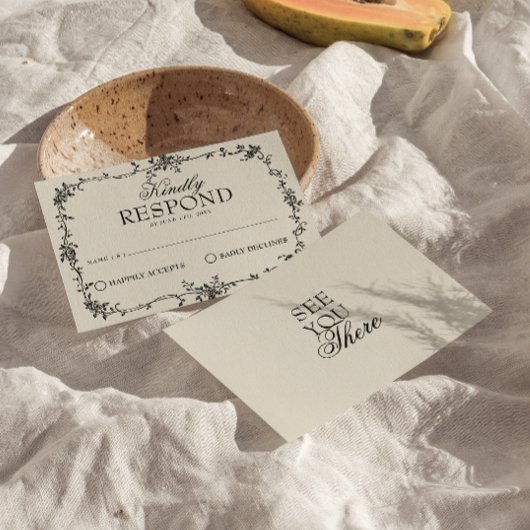Fancy Schwarze Creme Blumen Boho Hochzeit RSVP Karte
