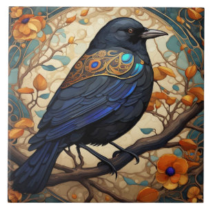 Fancy Schwarzer Vogel im Art Nouveau Art Deco Stil Fliese