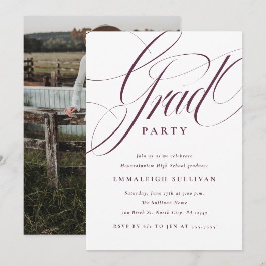 Fancy Script Lila Abschlussfeier Einladung (Vorne/Hinten)