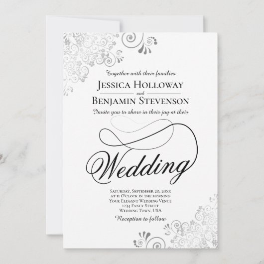 Fancy Script with Flourish Silver & White Wedding Einladung (Vorderseite)