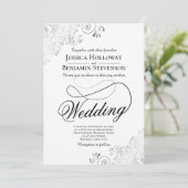 Fancy Script with Flourish Silver & White Wedding Einladung (Stehend Vorderseite)