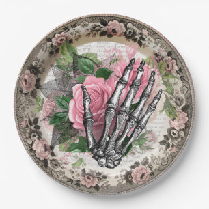 Fancy Skeleton Hand mit Rosen Vintage Halloween Pappteller