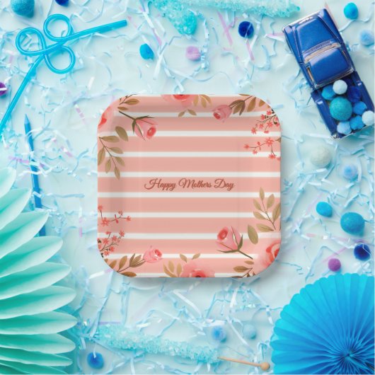 Fancy Stripe With Coral Floral Pappteller (Party)