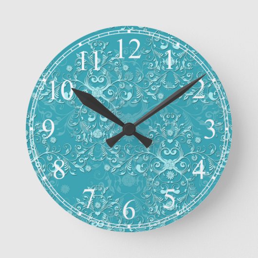Fancy Teal Floral Damask Pattern Runde Wanduhr (Vorderseite)