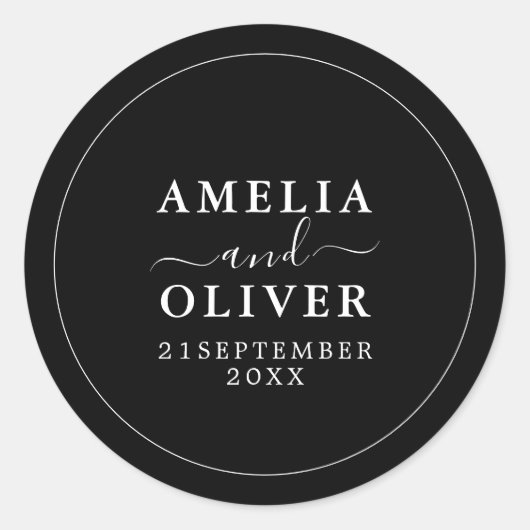 Fancy Timeless Modern Minimalist Black Wedding Runder Aufkleber (Vorderseite)