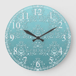 Fancy Türkis Aqua Türkis und Weiß Damast Große Wanduhr