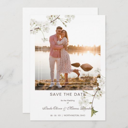 Fancy White Cherry Blossom Photo Couple Save The Date (Vorne/Hinten)