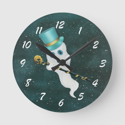 Fancy White Ghost Blue Top Hat Night Sky Cane Runde Wanduhr (Vorderseite)