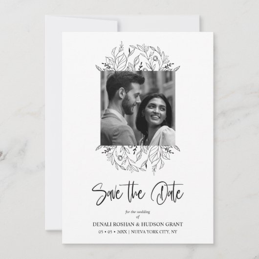 Fancy Wildflowers Black & White Photo Wedding Save The Date (Vorderseite)