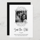 Fancy Wildflowers Black & White Photo Wedding Save The Date (Vorne/Hinten)