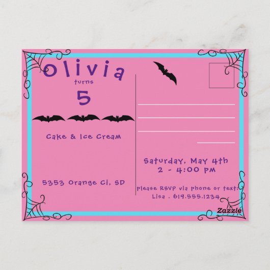 Fang-tastic Spiderweb & Bat Birthday Einladung Pos Postkarte (Rückseite)