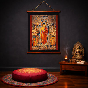 Fanghe Buddha Tang-Dynastie Dunhuang Seidenstraße Wandteppich Mit Holzrahmen