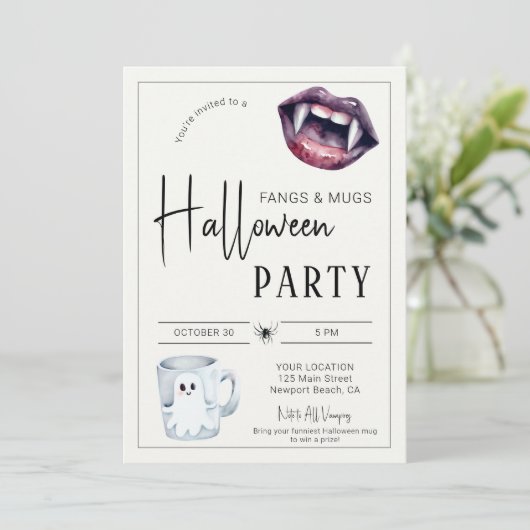 Fangs und Tasse Halloween-Party Vampires Spider Fu Einladung (Stehend Vorderseite)