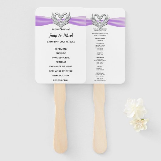 Fans des lila Ribbon Silver Swan Wedding Program Fächer (Vorne und Hinten)