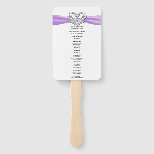 Fans des lila Ribbon Silver Swan Wedding Program Fächer (Rückseite)