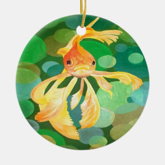 Fantail Goldfish mit grünem Blasen-Vector Keramik Ornament (Vorne)