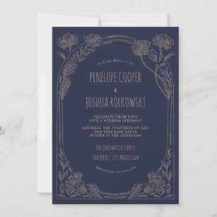 Fantasie-Blumen-Hochzeit in Marineblau und Gold Einladung