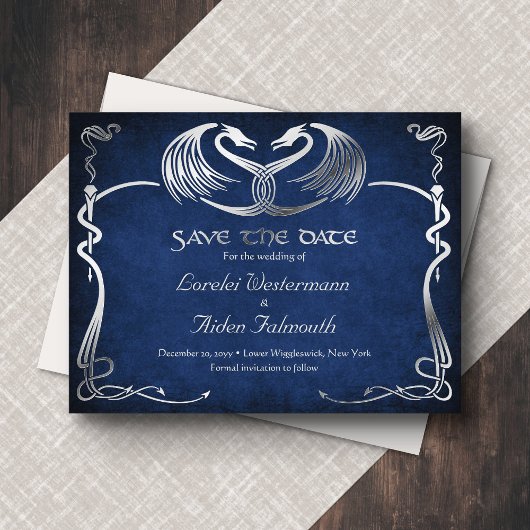 Fantasie-Drache Blau Hochzeit Termin Karte