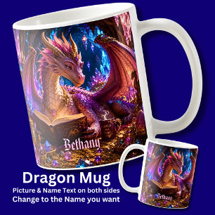 Fantasie-Drache mit Buch & Kaffee hinzufügen Name Kaffeetasse